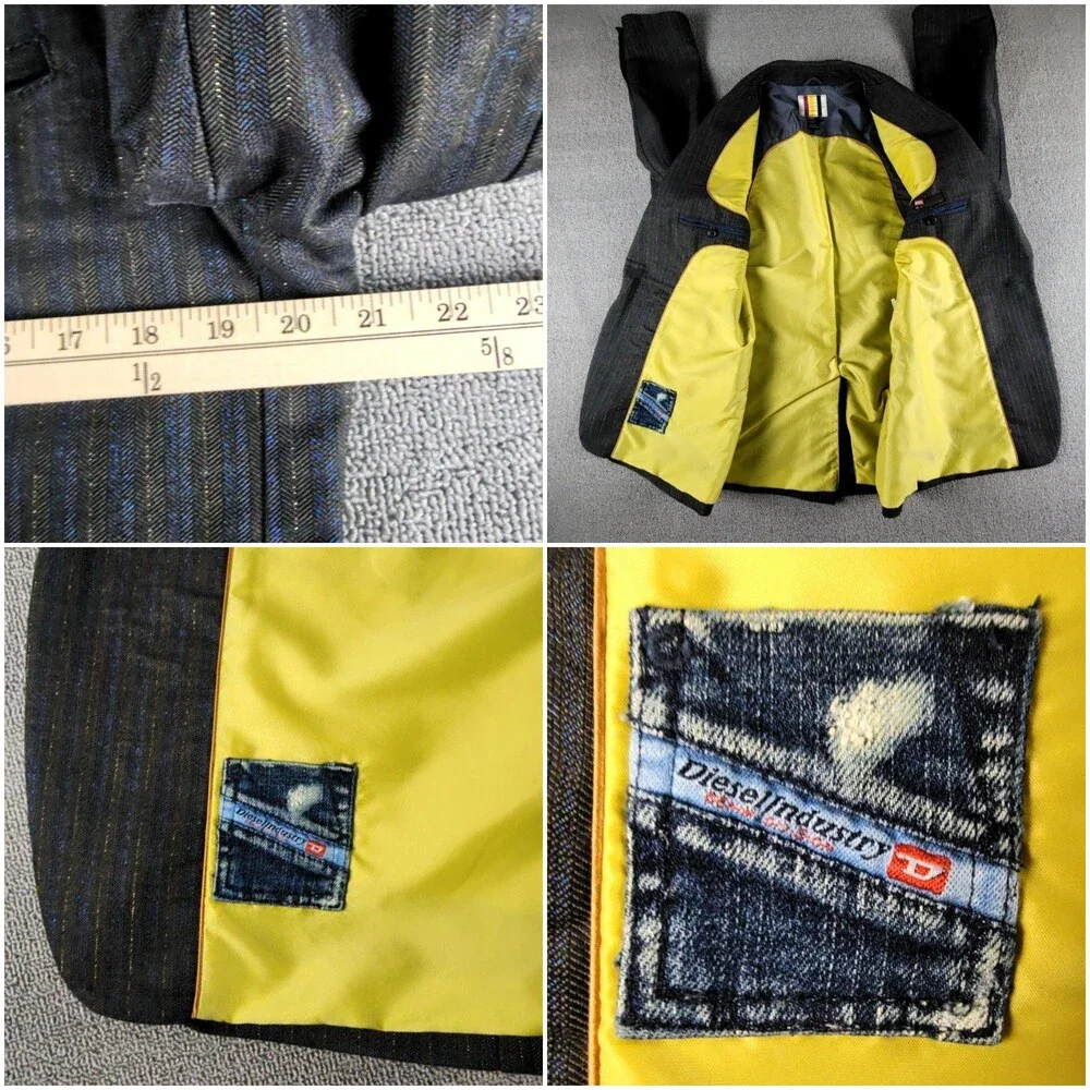 Diesel Blazer Mens L Gray Blue Gold Cotton Metal Sport Coat Jacket Italy HTF